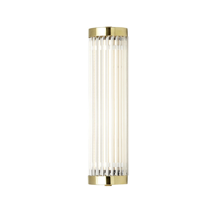 Extra úzká nástěnná lampička Pillar LED Extra Narrow 27 od Original BTC. Čiré skleněné trubice. Základna a vršek kov. Art Deco styl, vhodná do koupelny  (leštěná mosaz)