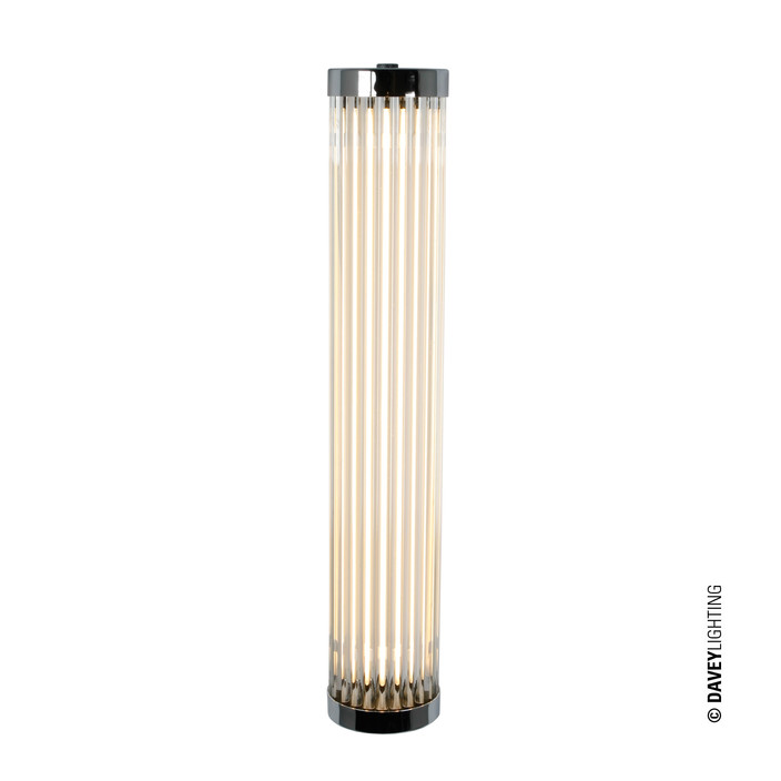 Extra úzká nástěnná lampička Pillar LED Extra Narrow 40 od Original BTC. Čiré skleněné trubice. Základna a vršek kov. Art Deco styl, vhodná do koupelny  (pochromovaná)