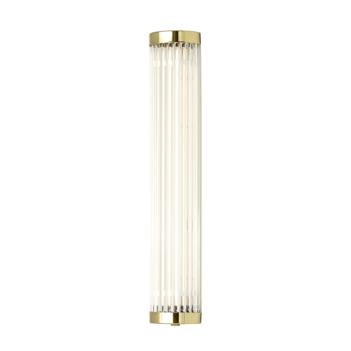 Extra úzká nástěnná lampička Pillar LED Extra Narrow 40 od Original BTC. Čiré skleněné trubice. Základna a vršek kov. Art Deco styl, vhodná do koupelny  (leštěná mosaz)