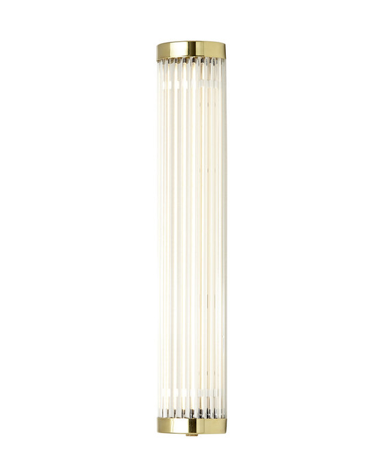 Extra úzká nástěnná lampička Pillar LED Extra Narrow 40 od Original BTC. Čiré skleněné trubice. Základna a vršek kov. Art Deco styl, vhodná do koupelny 