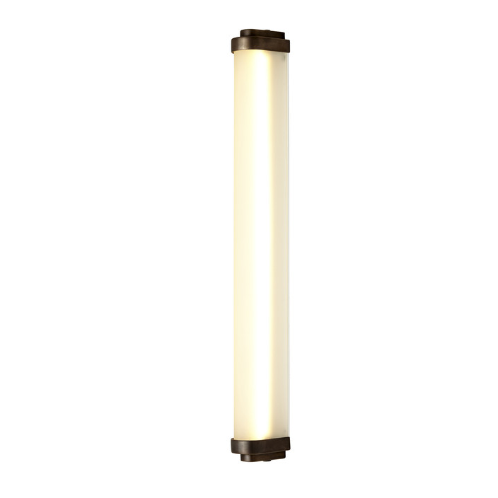 Lineární nástěnné LED svítidlo Cabin od Original BTC, ve třech variantách kovových zakončení, pískované sklo, krytí IP44, ve třech velikostech. (mosaz s patinou, pískované sklo)